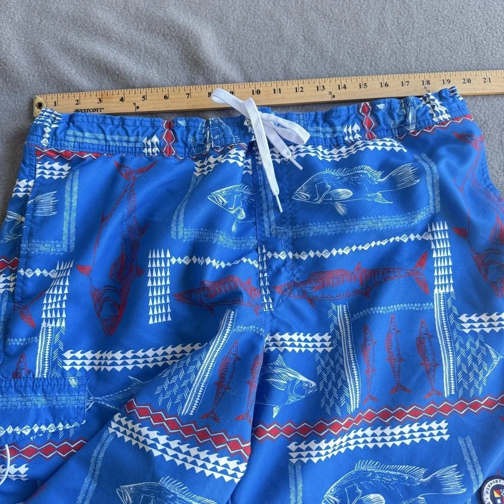 Newport Blue Swim Shorts Mens 2XL Blue Fish Print Nautical Mesh Lined Trunks